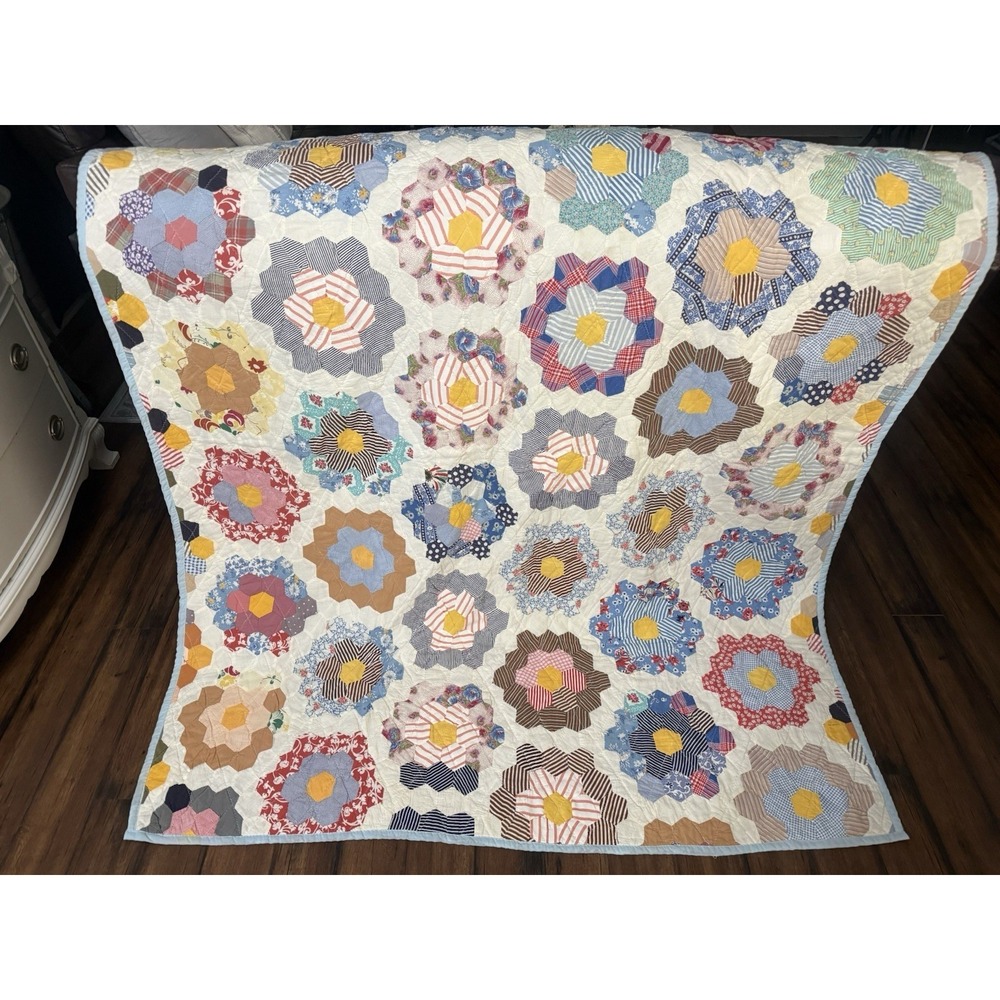 VINTAGE GRANDMOTHERS FLOWER GARDEN QUILT-1940s, 73" x 60" Blue Trim Twin/Throw